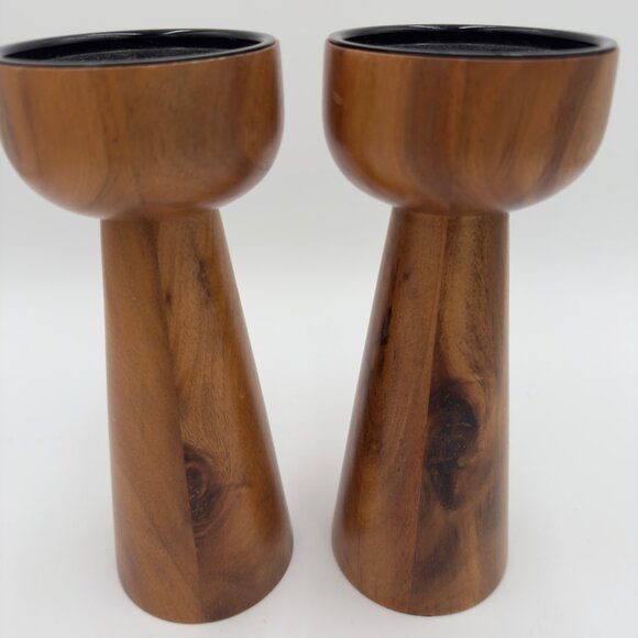 Mid-Century Tall Woodgrain Modern Candle Holders Black Inserts Set of 2 Decor - Picture 6 of 7